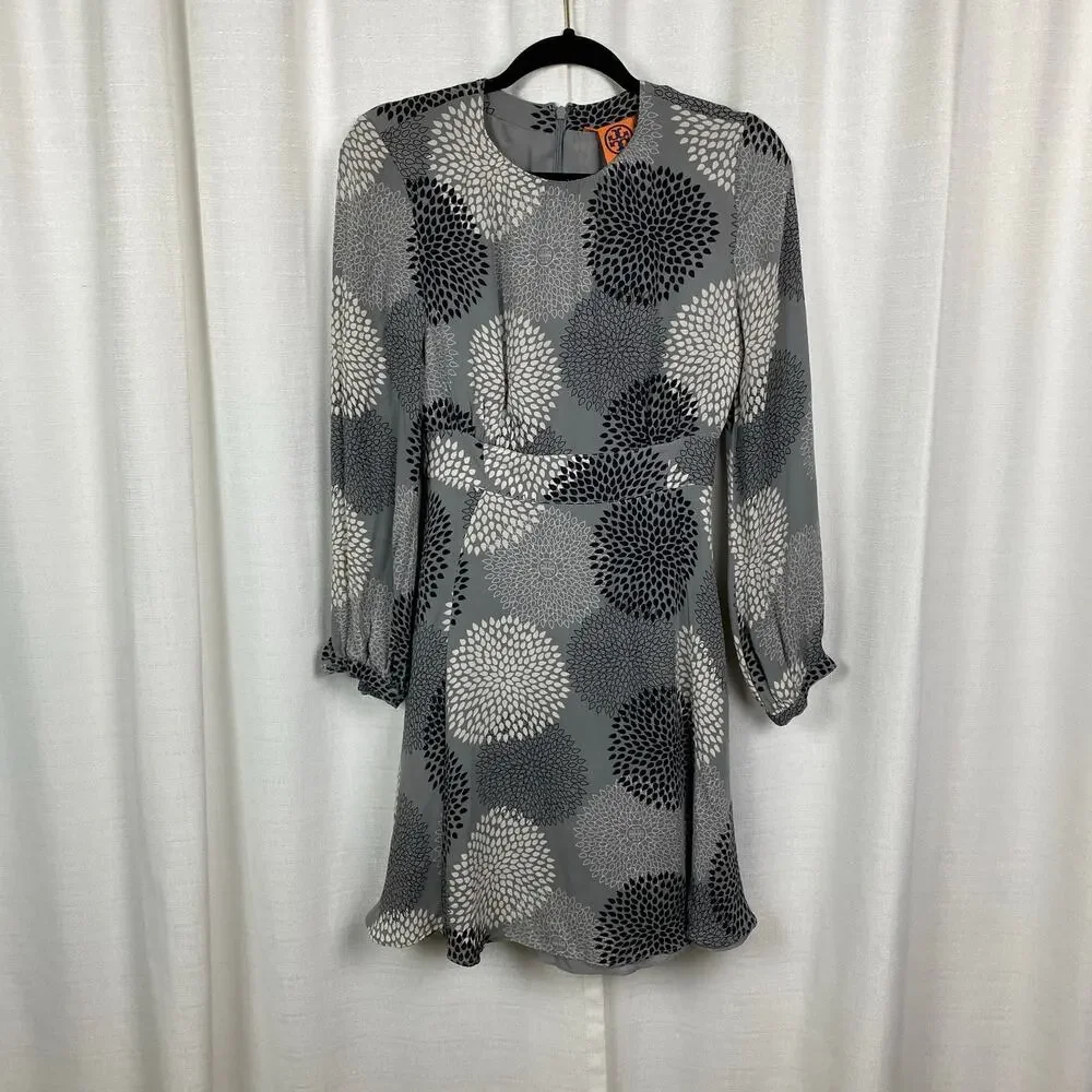 Tory Burch Gray&Black Pattern Silk Long Sleeve Dress Sz.6